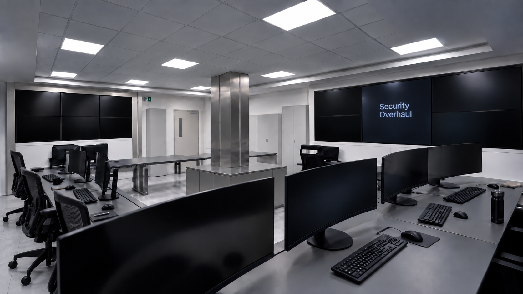 Security Overhaul operations room with workstations and wall displays